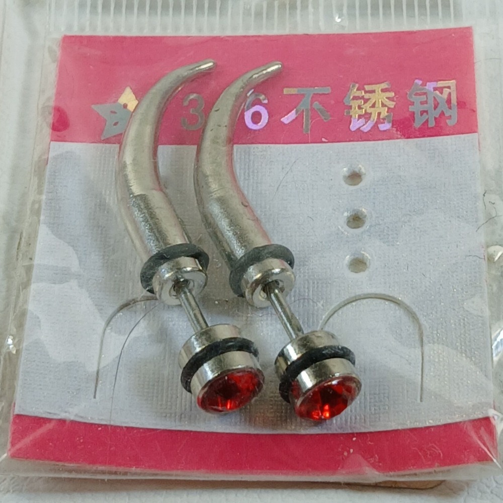 Vintage 90s 316L Steel 14G Faux Taper Claw Earrings Red Blue Rhinestone 2 Pair - Picture 12 of 14